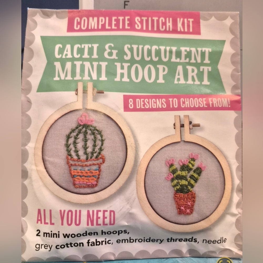 Mollie Makes 2 Kits - Cacti Mini Embroidery AND Be Kind Cross Stitch Wood Banner